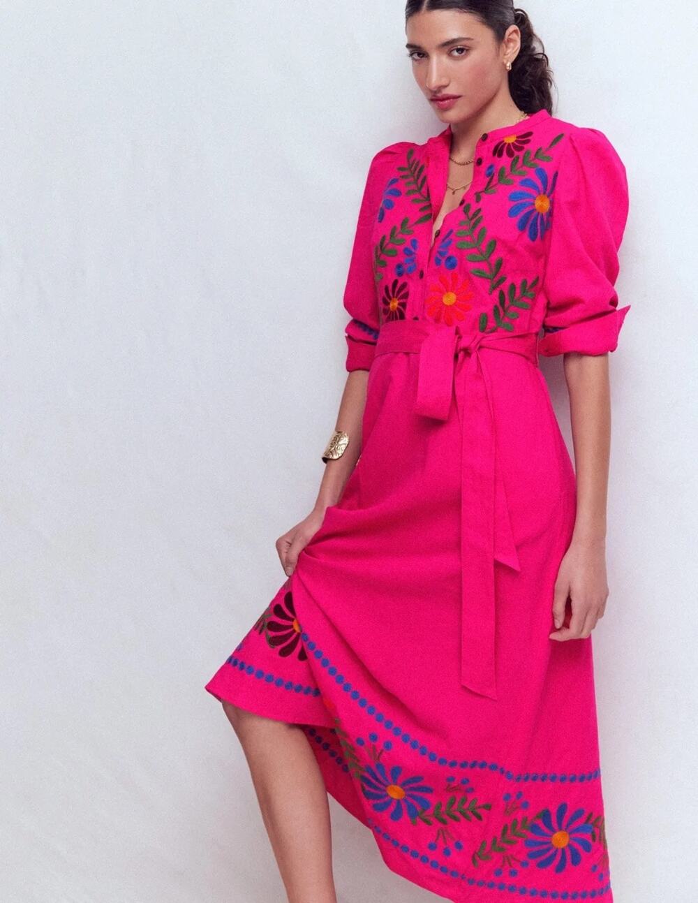 NWT Boden Ava Linen Embroidered Dress Pink Size 10